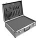 An aluminum Vestil carrying case with black objects inside.