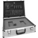 A silver aluminum Vestil carrying case with black inserts.