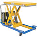 A yellow and blue Vestil battery-powered scissor lift table.