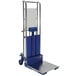 A blue and silver hand truck with a removable white platform.