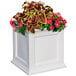 A white square planter with red and green leaves.