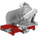 A red and silver Sirman Mantegna meat slicer.