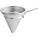 A silver aluminum strainer with a handle and holes.