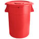 A red plastic 44 gallon ingredient storage bin with lid.