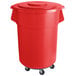 A red plastic 55 gallon mobile ingredient storage bin with lid.