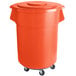 An orange plastic bin with wheels.