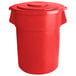 A red plastic round ingredient storage bin with lid.