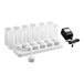 A set of flameless rechargeable tea light candles with frosted plastic cups and a charging base.