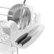 An OXO stainless steel dish drying rack with a knife and spoon on it.