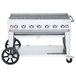 A Crown Verity MCB-48 natural gas portable outdoor BBQ grill on a cart with wheels.