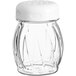 A clear plastic Tablecraft cheese shaker with a white perforated top.