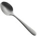A close-up of a WMF Sara Stonewash stainless steel demitasse spoon with a silver handle.