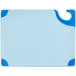A white and blue rectangular plastic cutting board with a hook and a logo.