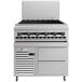 A stainless steel Wolf Challenger liquid propane charbroiler with a refrigerated base.