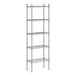 A wireframe of a Regency chrome metal wire shelving unit with four shelves.