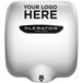 A white Excel XLERATOReco hand dryer cover with black customizable text.