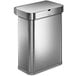 A silver rectangular simplehuman stainless steel trash can with a lid.