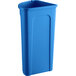 A Lavex blue plastic corner round trash can with a lid.
