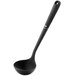 An OXO black nylon ladle with a long handle.