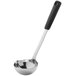 An OXO silver stainless steel ladle with a black handle.