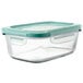 An OXO clear rectangular glass container with a green lid.