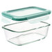 An OXO clear rectangular glass container with a leakproof lid.