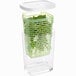 A clear OXO container with green leaves inside.