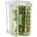 An OXO small clear rectangular plastic container with green plants inside and a green lid.