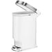 A simplehuman white slim step-on trash can with a lid.
