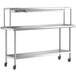 A silver stainless steel Regency expeditor table with shelves on wheels.