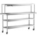 A silver stainless steel Regency expeditor table with shelves on wheels.