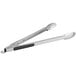 Stainless steel tongs with black handles.