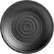 A black Acopa Izumi melamine coupe plate with a white spiral pattern.