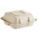 A white Tellus bagasse clamshell container with 3 compartments and a lid.