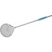 A GI Metal stainless steel round perforated pizza peel with a long blue handle.