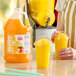A gallon jug of Carnival King mango slush syrup concentrate next to two cups of yellow mango slushies.