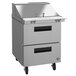 A Hoshizaki stainless steel two drawer refrigerated sandwich prep table on wheels.