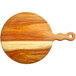 An Acopa round acacia wood serving board with a handle.