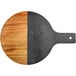An Acacia wood paddle with a black handle.