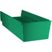 A green plastic Regency shelf bin with an open lid.