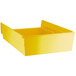 A yellow plastic rectangular shelf bin with an open lid.