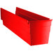 A red plastic Regency shelf bin with an open lid.