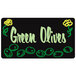 A rectangular black chalkboard deli tag with yellow flowers and green leaves on a counter.