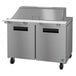 A Hoshizaki stainless steel refrigerated sandwich prep table with two doors.