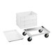 A white dough proofing set including three rectangular proofing boxes, a matching lid, and an aluminum dolly with four wheels.