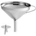 A silver stainless steel Choice funnel with a detachable strainer and handle.
