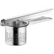 A silver stainless steel strainer with a metal handle.
