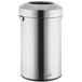 A Rubbermaid stainless steel trash can with a lid.