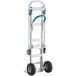 A silver hand truck with pneumatic wheels and a nose plate.
