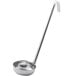 A silver stainless steel flat bottom ladle with a long handle.